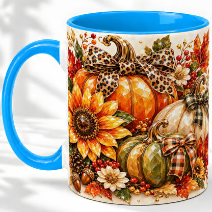 #pl[11oz|Blue] Fall Pumpkin Bow Ceramic Mug, Sunflower Maple Leaf Artwork