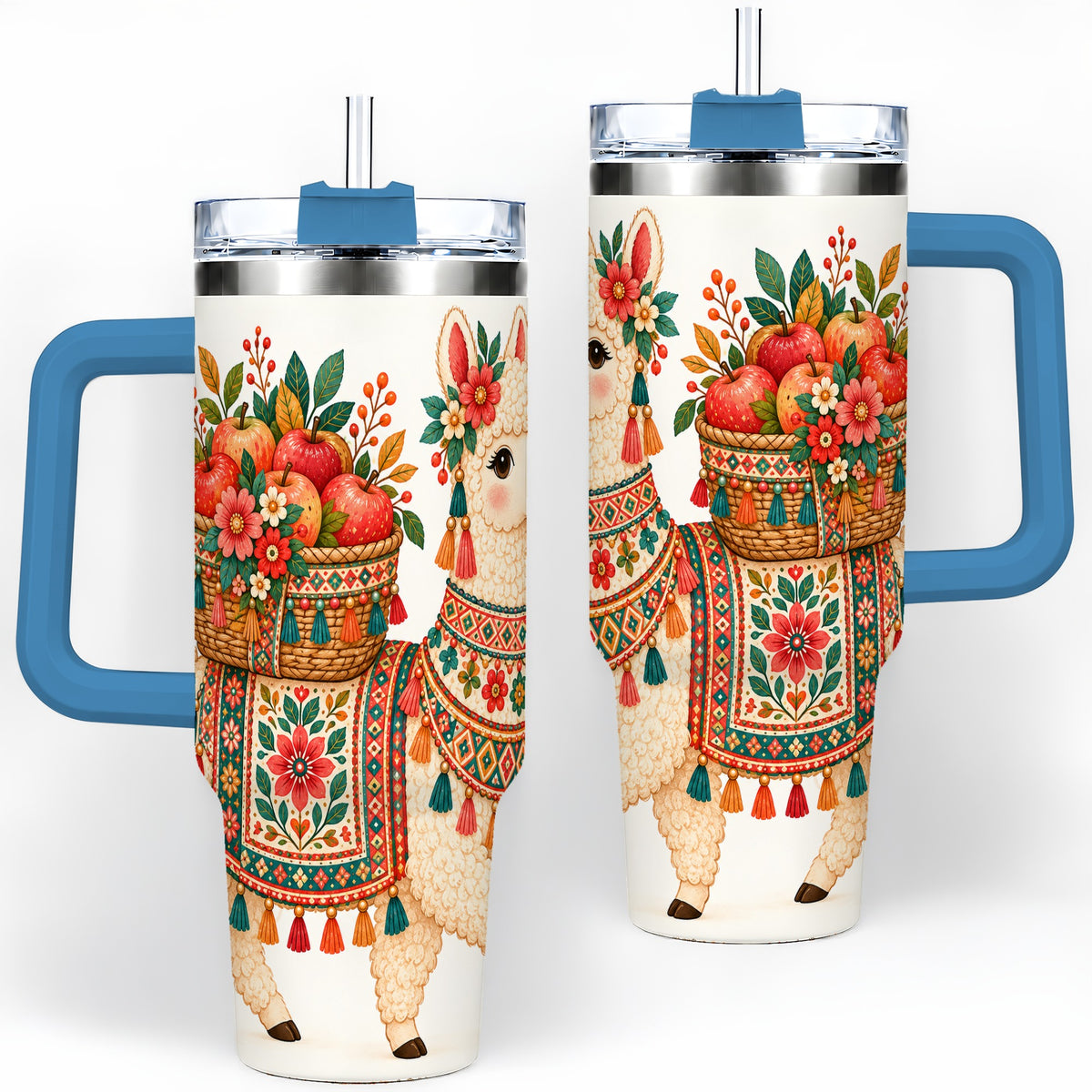 #pl[40oz|Blue] Floral Llama 40oz Tumbler with Apples and Folk Pattern Artwork
