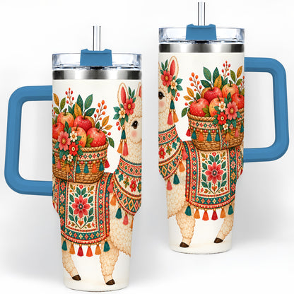 #pl[40oz|Blue] Floral Llama 40oz Tumbler with Apples and Folk Pattern Artwork