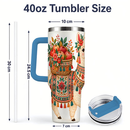 #pl[40oz|Blue] Floral Llama 40oz Tumbler with Apples and Folk Pattern Artwork