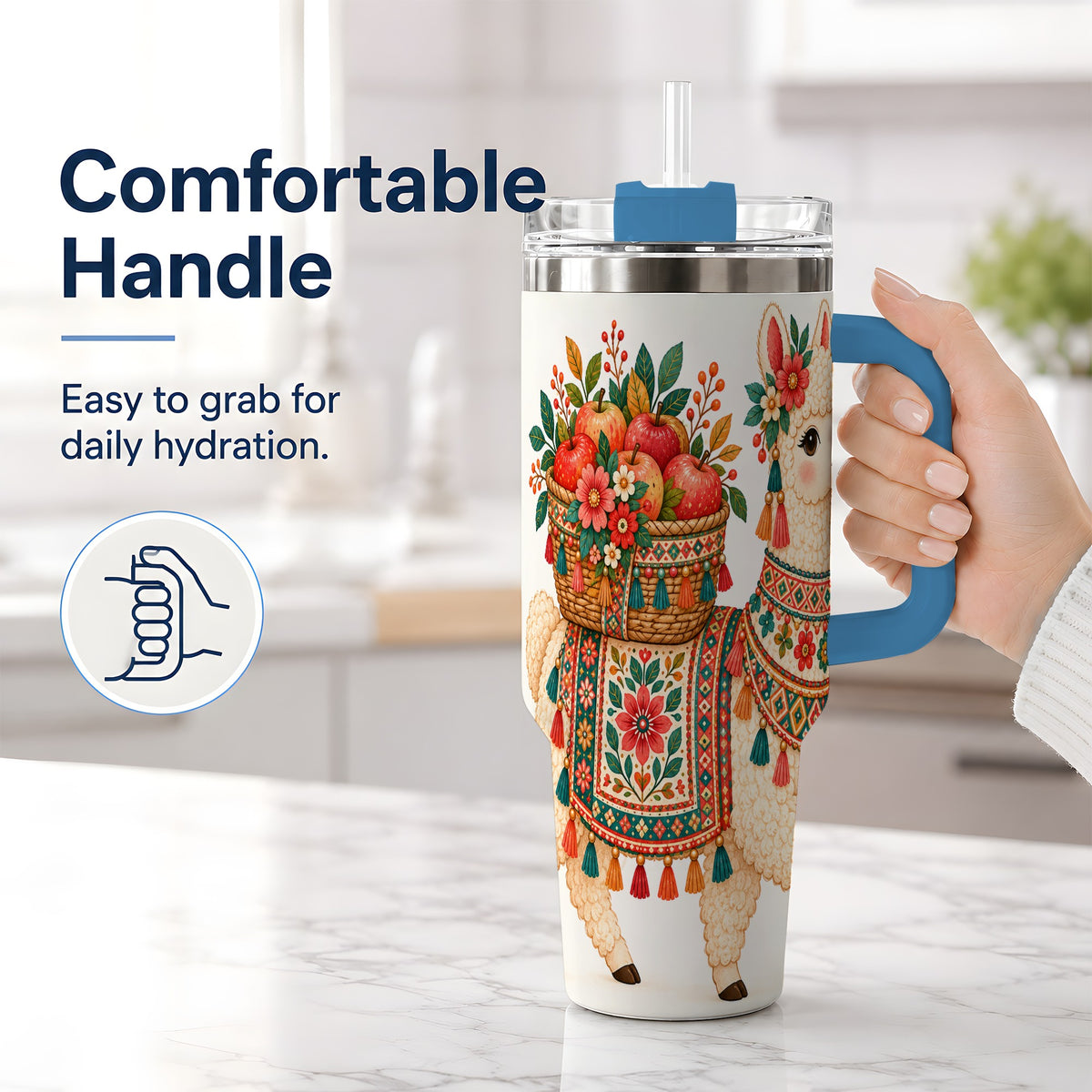 #pl[40oz|Blue] Floral Llama 40oz Tumbler with Apples and Folk Pattern Artwork