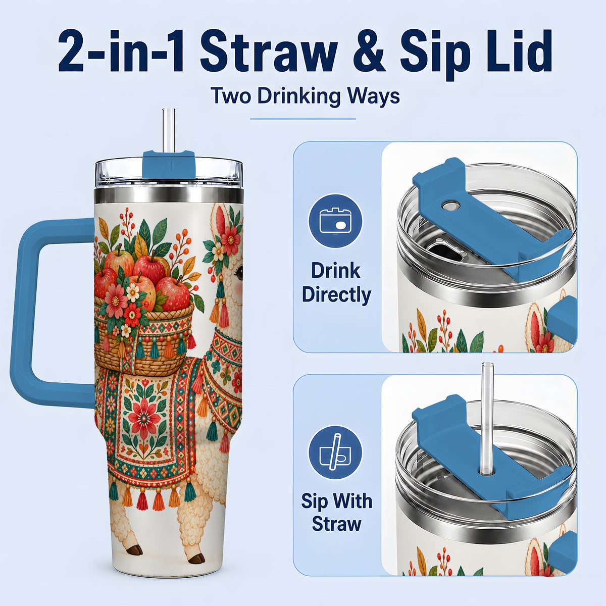 #pl[40oz|Blue] Floral Llama 40oz Tumbler with Apples and Folk Pattern Artwork