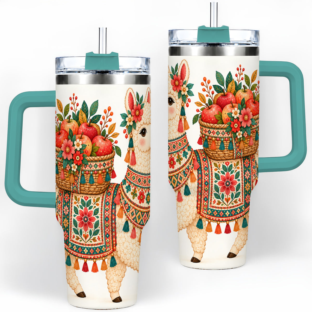 #pl[40oz|Green] Floral Llama 40oz Tumbler with Apples and Folk Pattern Artwork