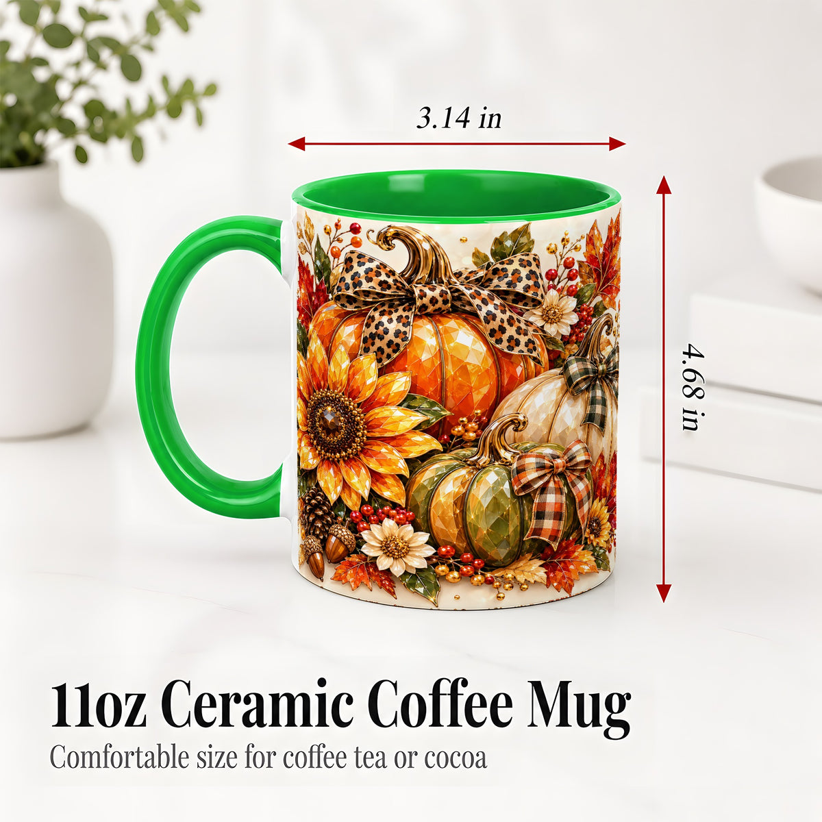 #pl[11oz|Green] Fall Pumpkin Bow Ceramic Mug, Sunflower Maple Leaf Artwork