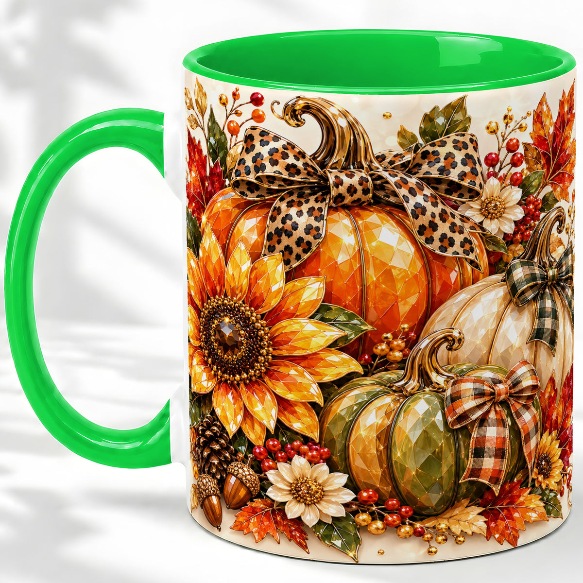 #pl[11oz|Green] Fall Pumpkin Bow Ceramic Mug, Sunflower Maple Leaf Artwork