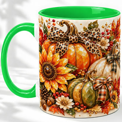#pl[11oz|Green] Fall Pumpkin Bow Ceramic Mug, Sunflower Maple Leaf Artwork