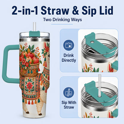 #pl[40oz|Green] Floral Llama 40oz Tumbler with Apples and Folk Pattern Artwork