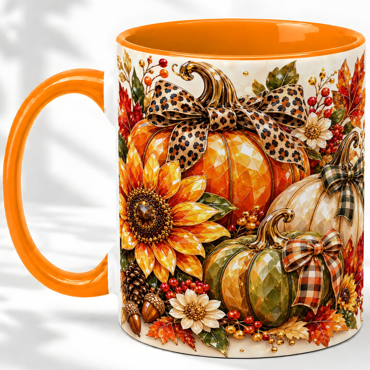 #pl[11oz|Orange] Fall Pumpkin Bow Ceramic Mug, Sunflower Maple Leaf Artwork