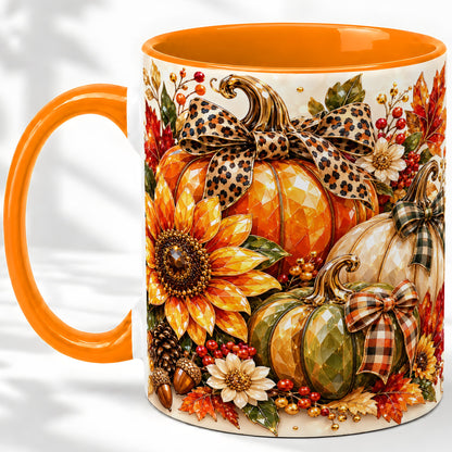 #pl[11oz|Orange] Fall Pumpkin Bow Ceramic Mug, Sunflower Maple Leaf Artwork