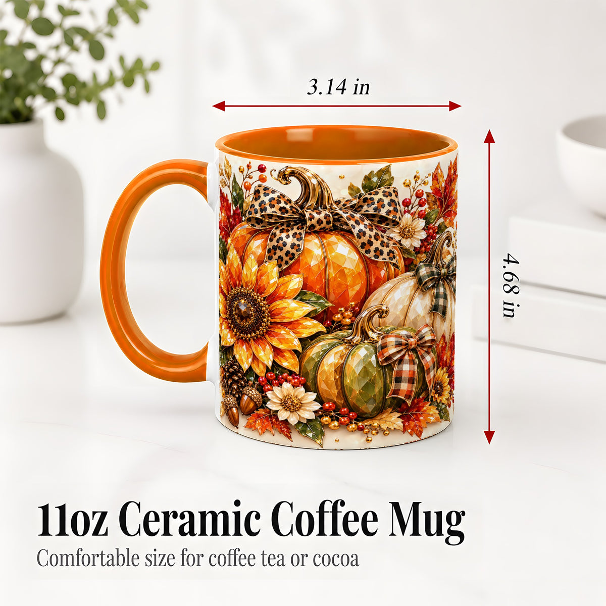 #pl[11oz|Orange] Fall Pumpkin Bow Ceramic Mug, Sunflower Maple Leaf Artwork