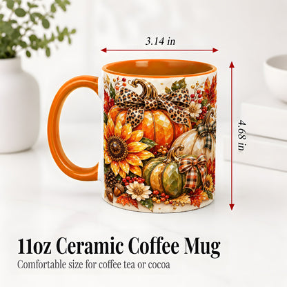 #pl[11oz|Orange] Fall Pumpkin Bow Ceramic Mug, Sunflower Maple Leaf Artwork