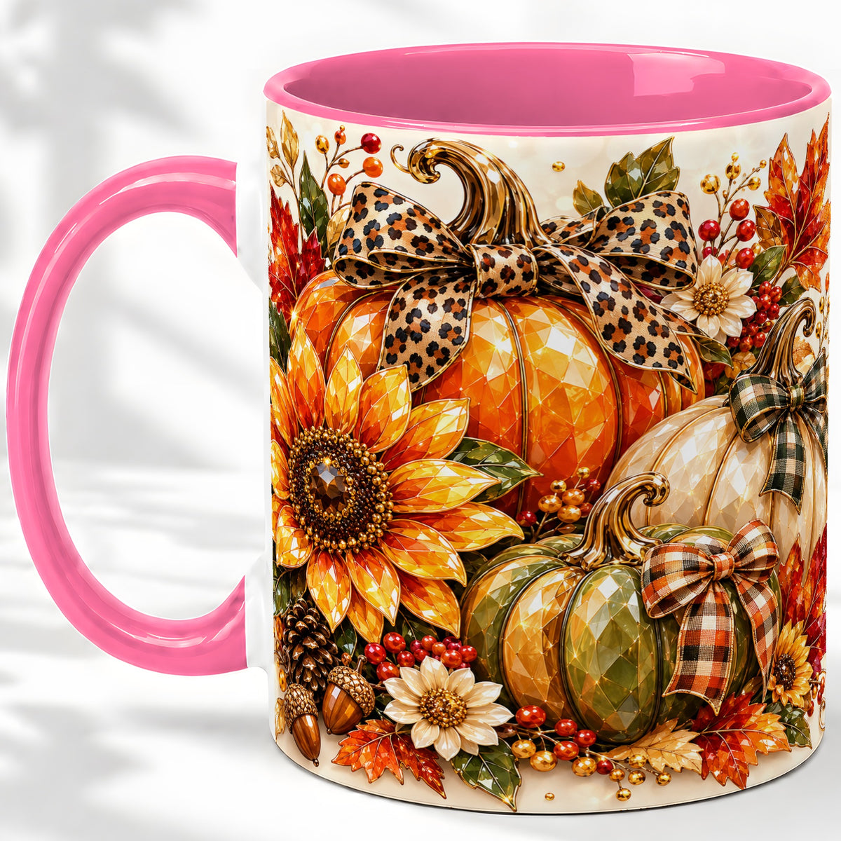#pl[11oz|Pink] Fall Pumpkin Bow Ceramic Mug, Sunflower Maple Leaf Artwork
