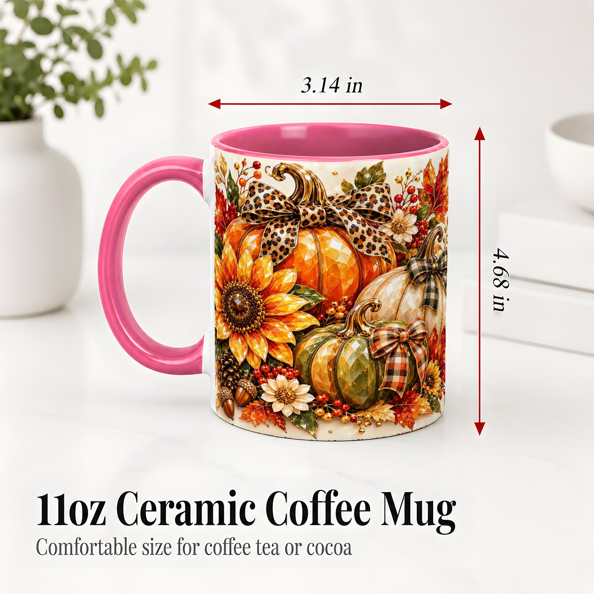 #pl[11oz|Pink] Fall Pumpkin Bow Ceramic Mug, Sunflower Maple Leaf Artwork