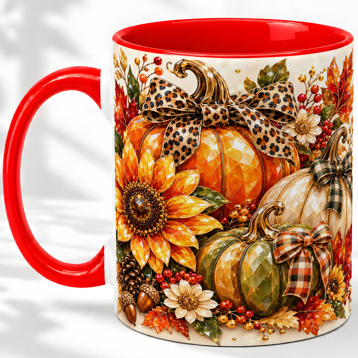Fall Pumpkin Bow Ceramic Mug, Sunflower Maple Leaf Artwork