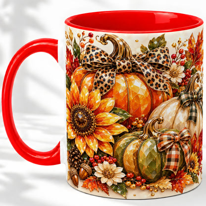 Fall Pumpkin Bow Ceramic Mug, Sunflower Maple Leaf Artwork