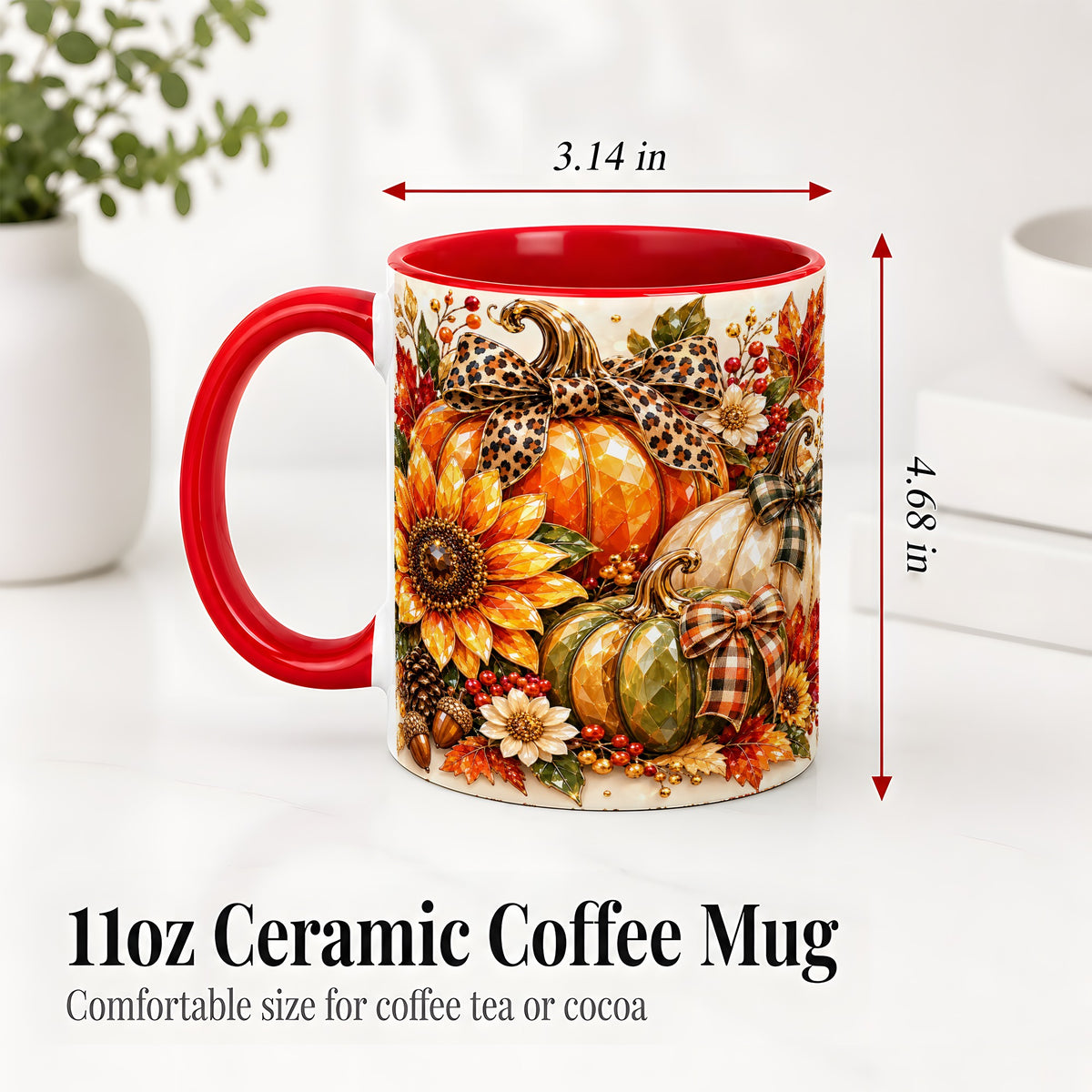 #pl[11oz|Red] Fall Pumpkin Bow Ceramic Mug, Sunflower Maple Leaf Artwork