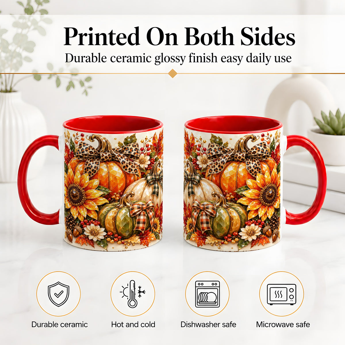 #pl[11oz|Red] Fall Pumpkin Bow Ceramic Mug, Sunflower Maple Leaf Artwork