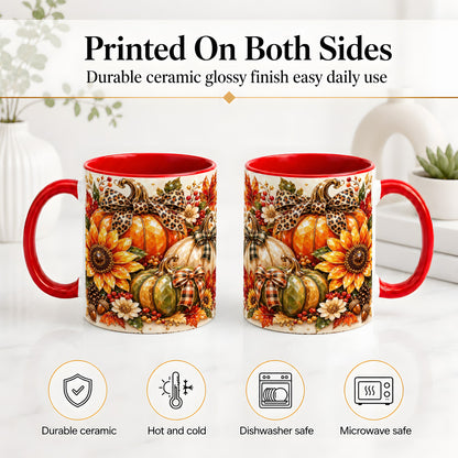 #pl[11oz|Red] Fall Pumpkin Bow Ceramic Mug, Sunflower Maple Leaf Artwork