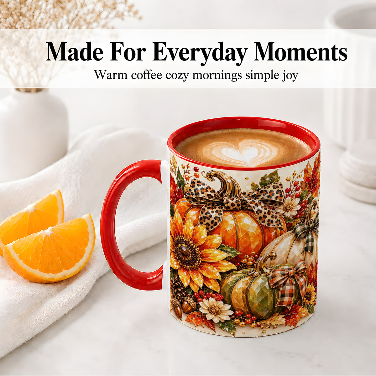 #pl[11oz|Red] Fall Pumpkin Bow Ceramic Mug, Sunflower Maple Leaf Artwork