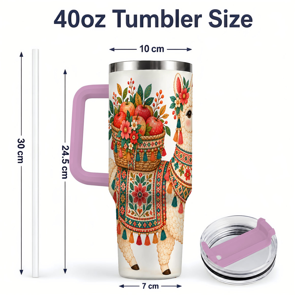 #pl[40oz|Pink] Floral Llama 40oz Tumbler with Apples and Folk Pattern Artwork