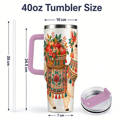 #pl[40oz|Pink] Floral Llama 40oz Tumbler with Apples and Folk Pattern Artwork