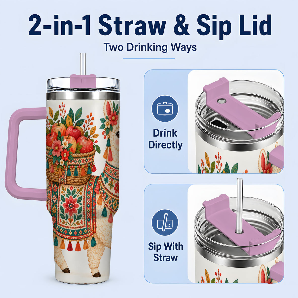 #pl[40oz|Pink] Floral Llama 40oz Tumbler with Apples and Folk Pattern Artwork