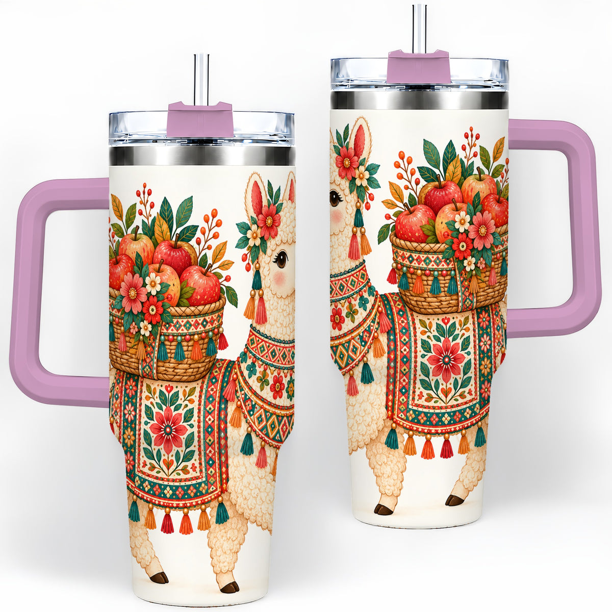 #pl[40oz|Pink] Floral Llama 40oz Tumbler with Apples and Folk Pattern Artwork