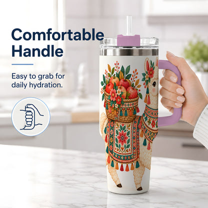 #pl[40oz|Pink] Floral Llama 40oz Tumbler with Apples and Folk Pattern Artwork