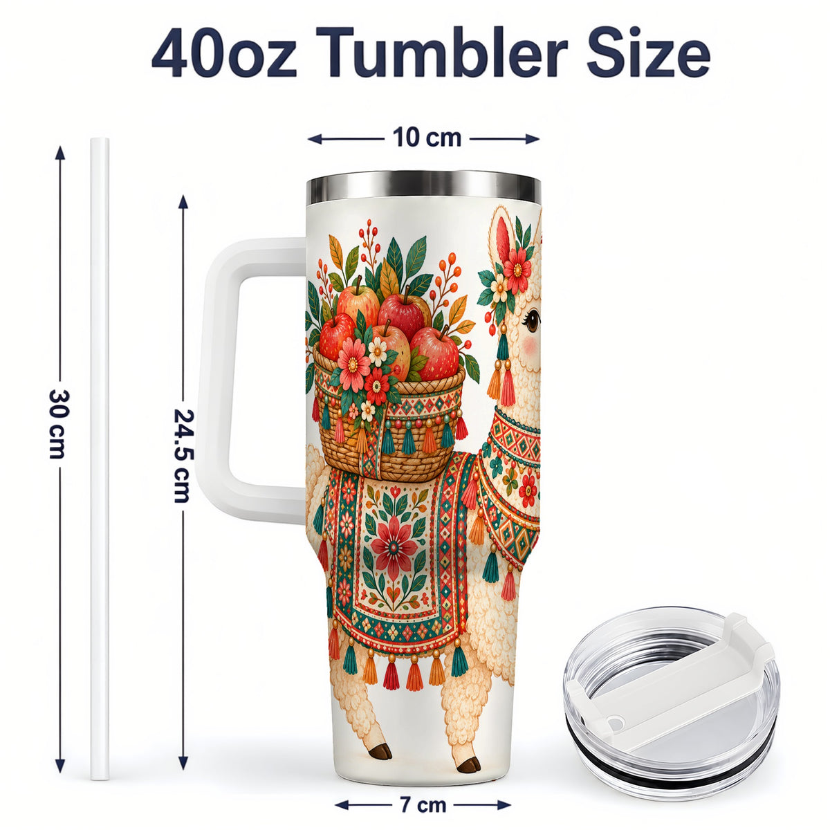 #pl[40oz|White] Floral Llama 40oz Tumbler with Apples and Folk Pattern Artwork