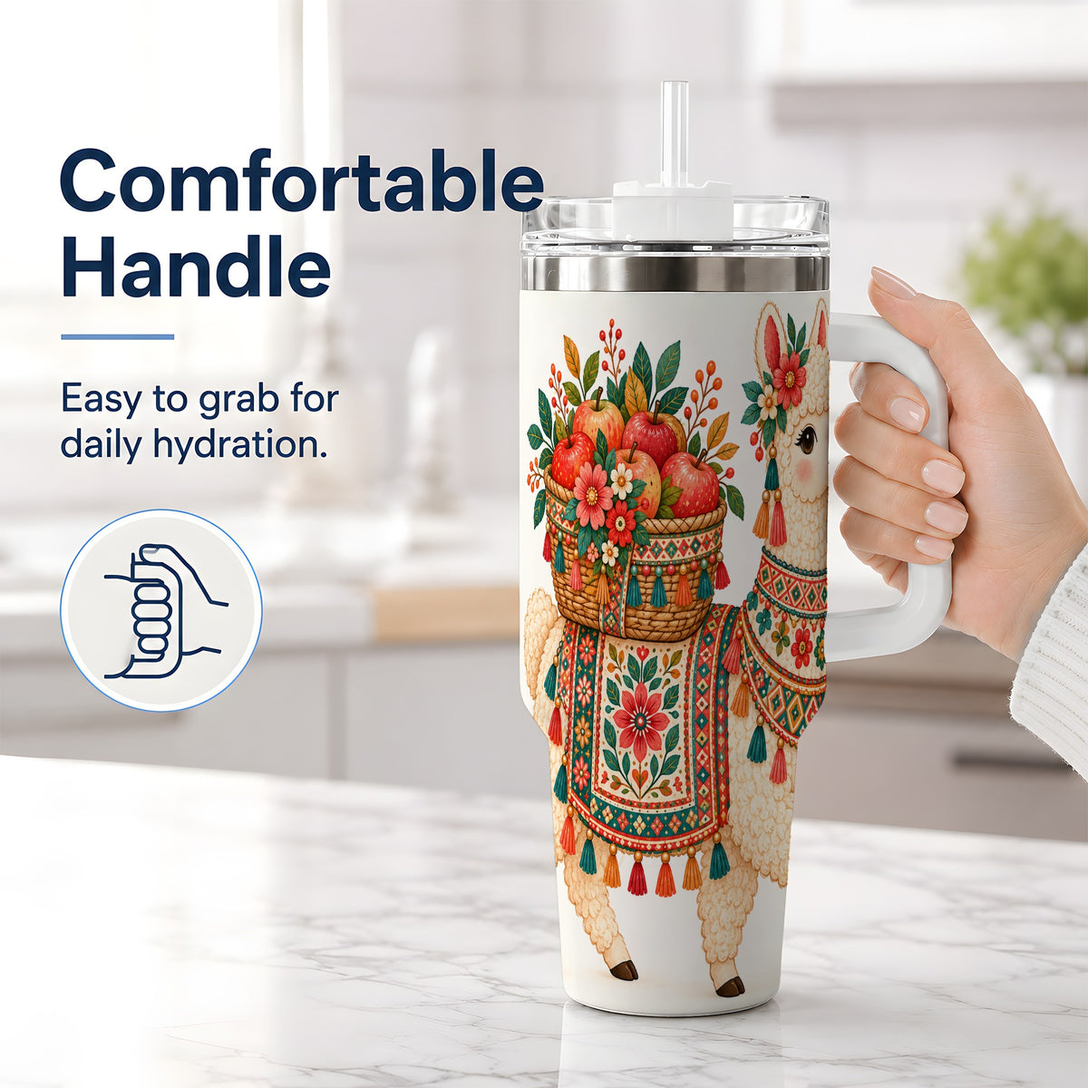 #pl[40oz|White] Floral Llama 40oz Tumbler with Apples and Folk Pattern Artwork