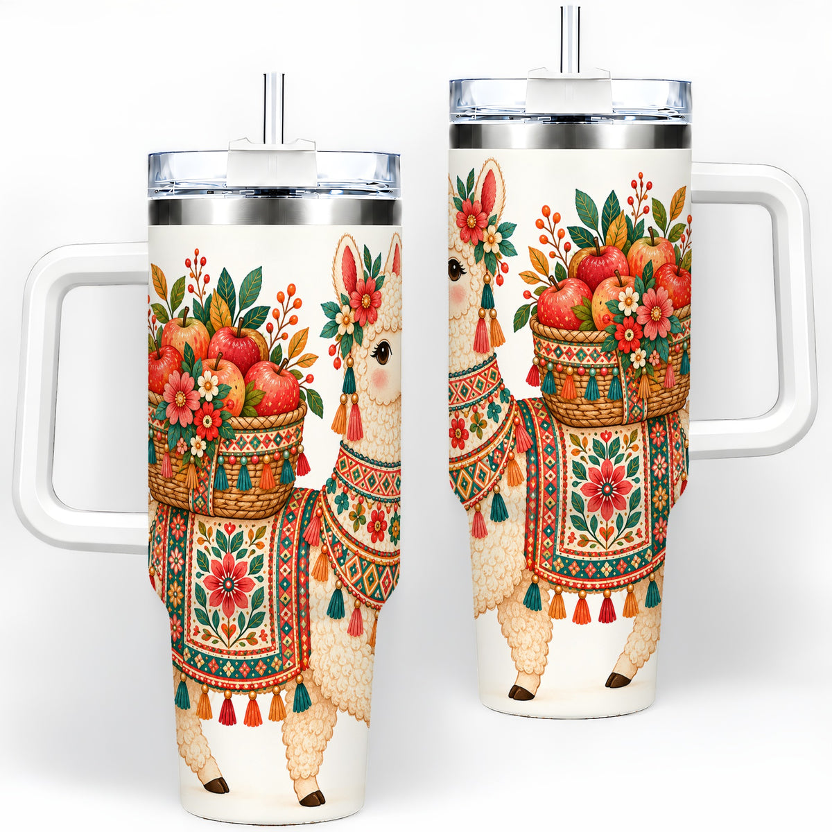 Floral Llama 40oz Tumbler with Apples and Folk Pattern Artwork