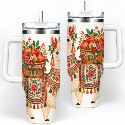 Floral Llama 40oz Tumbler with Apples and Folk Pattern Artwork