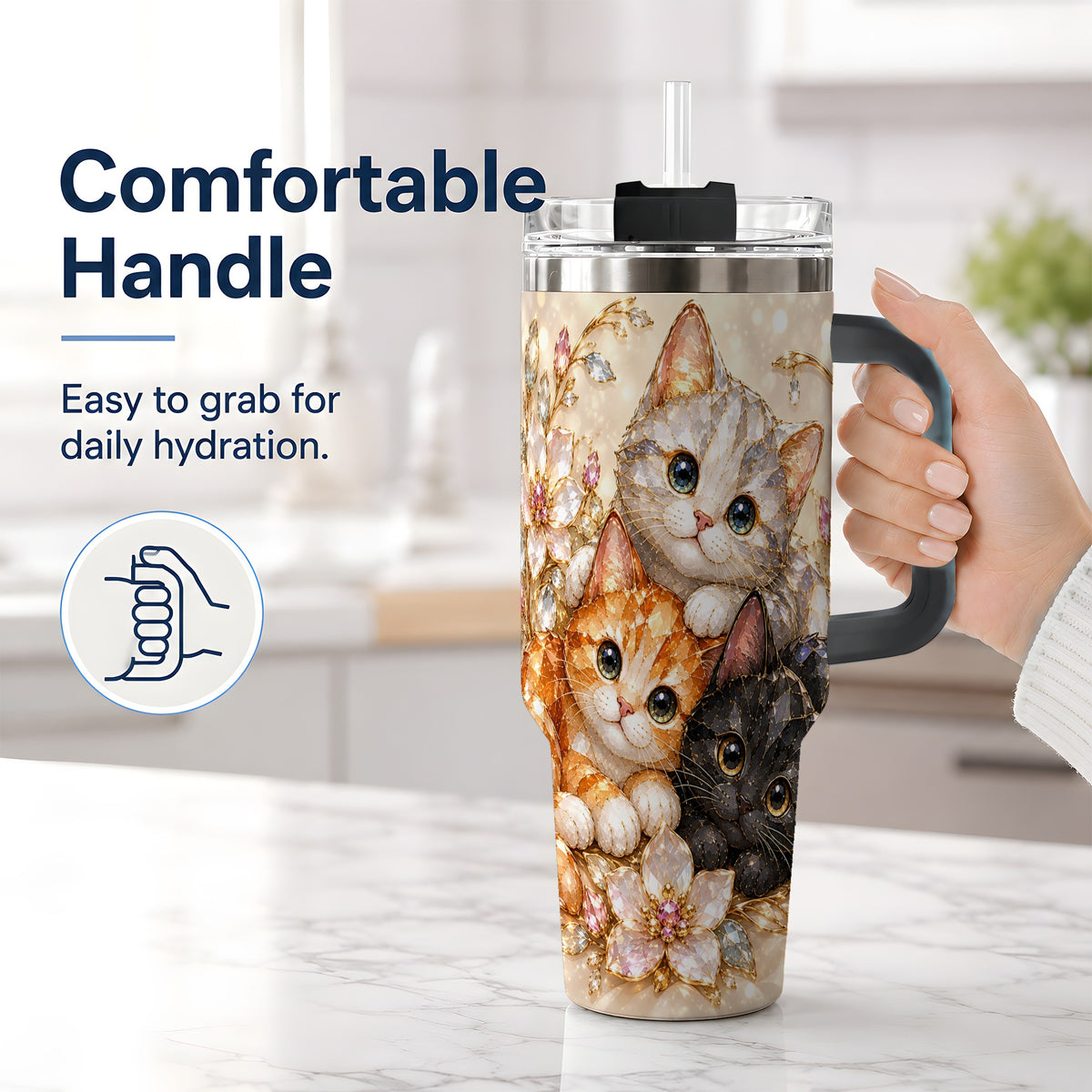 #pl[40oz|Black] Jeweled Cat Floral 40oz Tumbler with Three Cats and Flowers