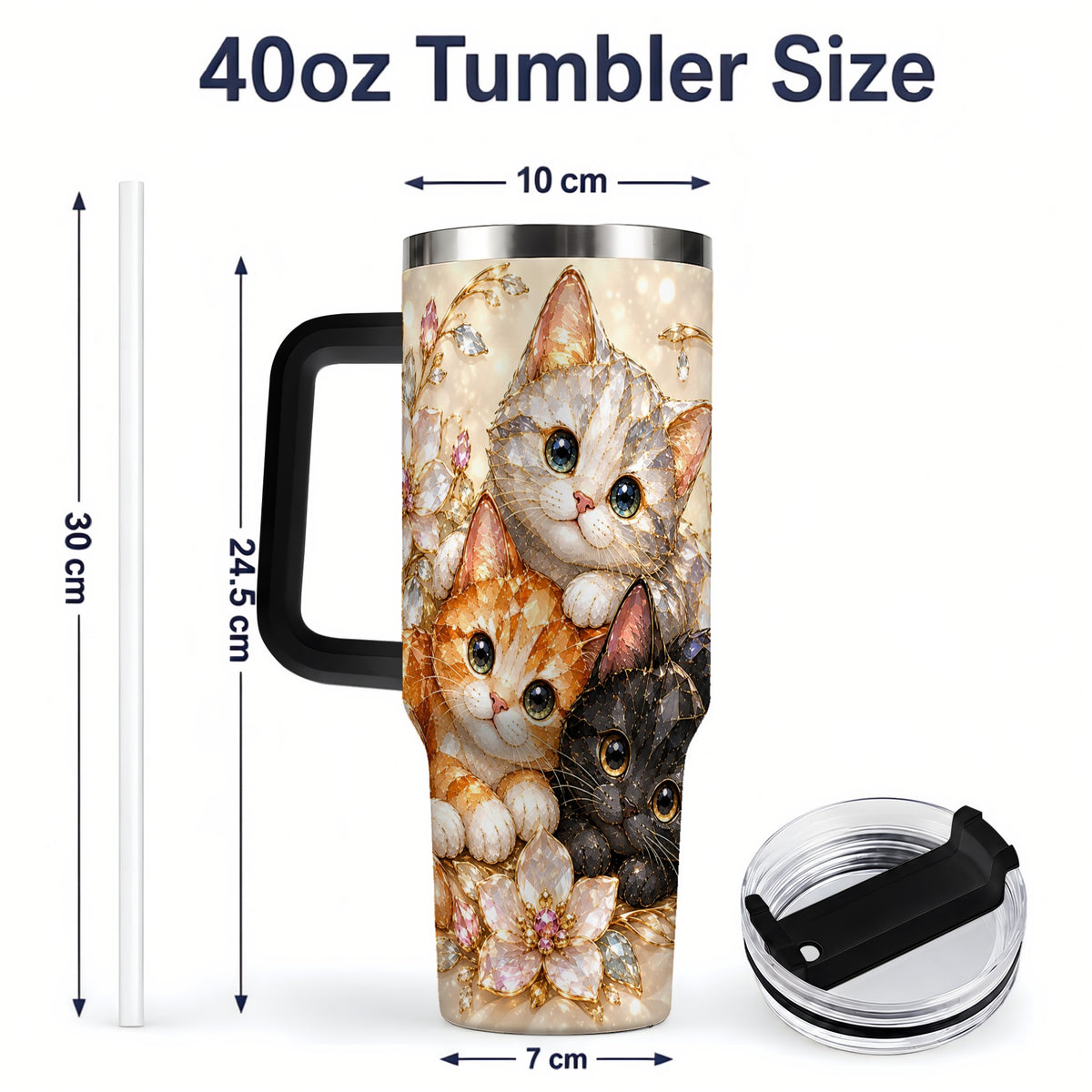 #pl[40oz|Black] Jeweled Cat Floral 40oz Tumbler with Three Cats and Flowers