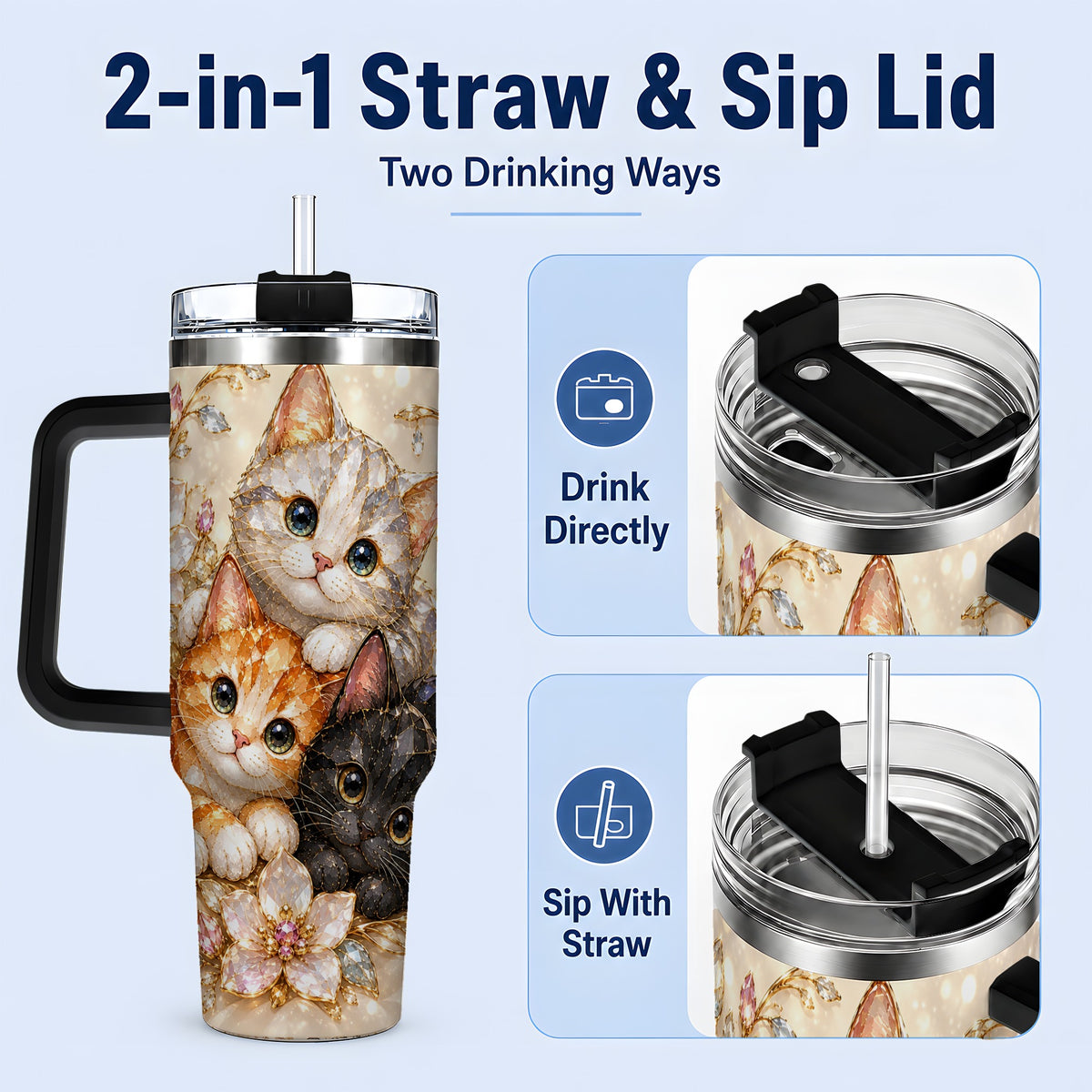 #pl[40oz|Black] Jeweled Cat Floral 40oz Tumbler with Three Cats and Flowers