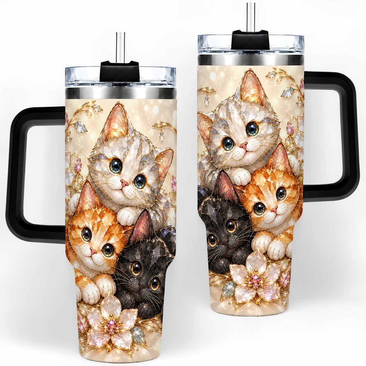 #pl[40oz|Black] Jeweled Cat Floral 40oz Tumbler with Three Cats and Flowers