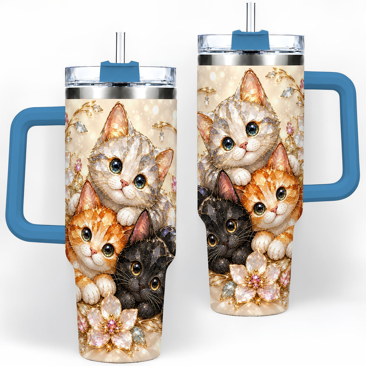 #pl[40oz|Blue] Jeweled Cat Floral 40oz Tumbler with Three Cats and Flowers
