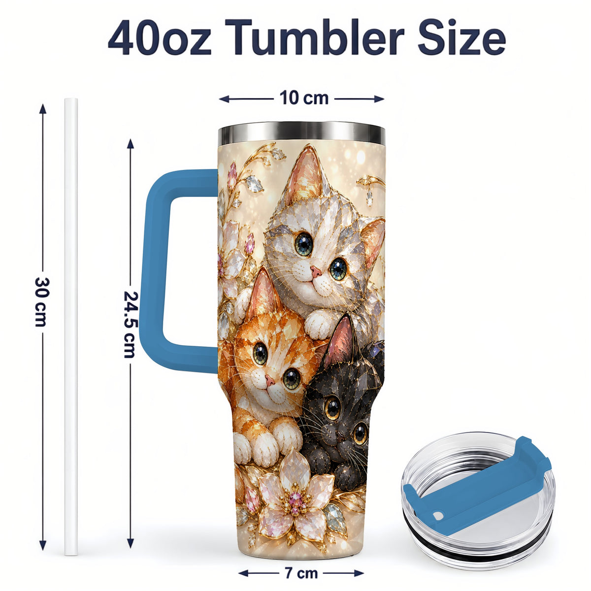 #pl[40oz|Blue] Jeweled Cat Floral 40oz Tumbler with Three Cats and Flowers