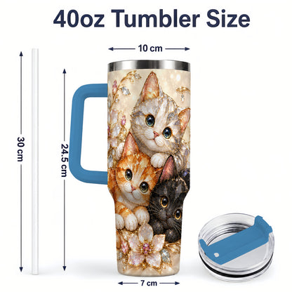 #pl[40oz|Blue] Jeweled Cat Floral 40oz Tumbler with Three Cats and Flowers