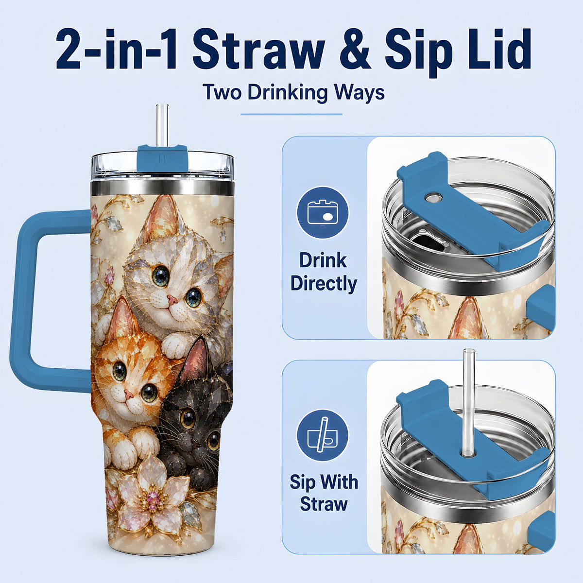 #pl[40oz|Blue] Jeweled Cat Floral 40oz Tumbler with Three Cats and Flowers