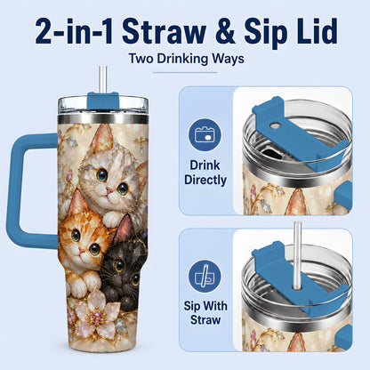 #pl[40oz|Blue] Jeweled Cat Floral 40oz Tumbler with Three Cats and Flowers