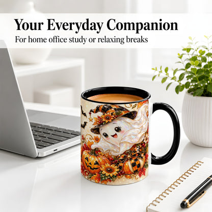 #pl[11oz|Black] Cute Halloween Ghost Ceramic Mug, Witch Hat Pumpkin Artwork