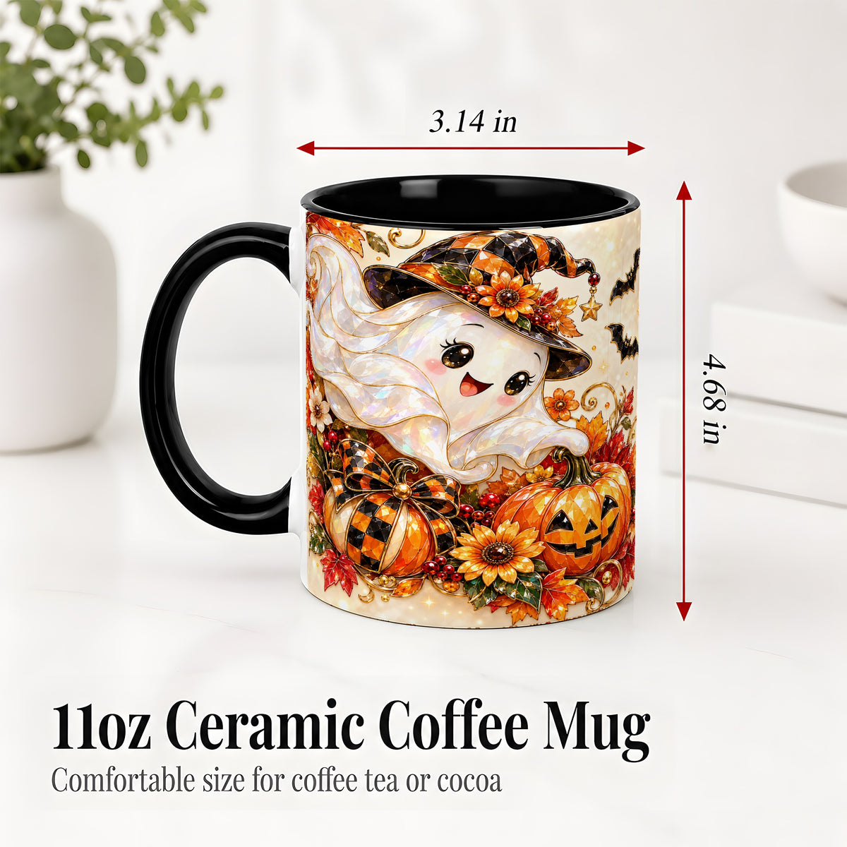 #pl[11oz|Black] Cute Halloween Ghost Ceramic Mug, Witch Hat Pumpkin Artwork