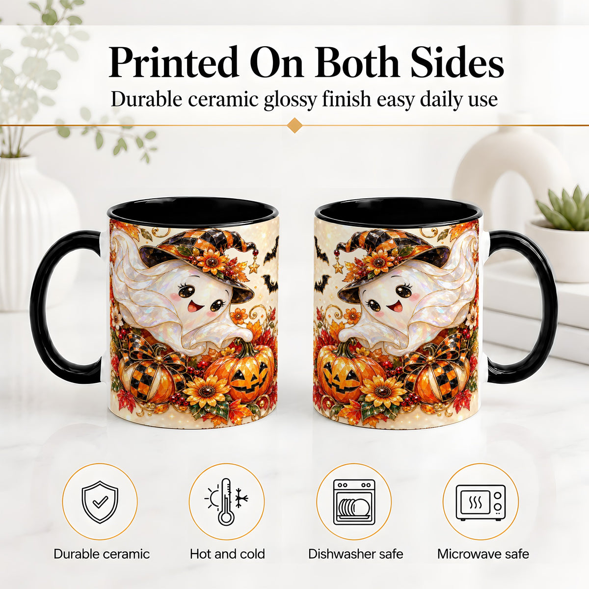 #pl[11oz|Black] Cute Halloween Ghost Ceramic Mug, Witch Hat Pumpkin Artwork