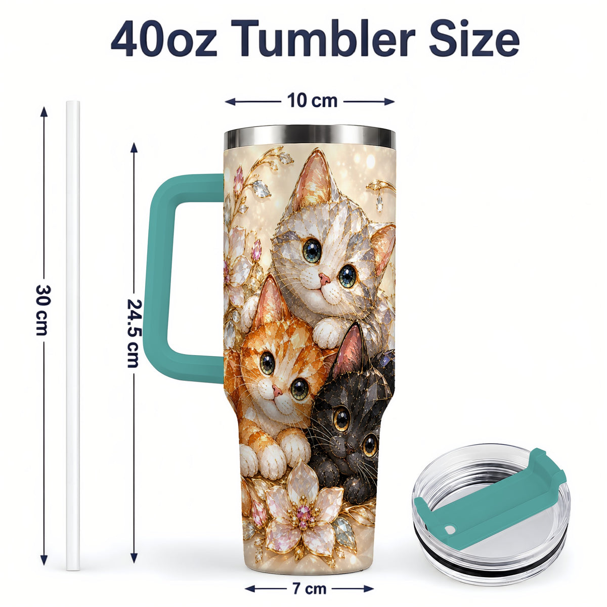 #pl[40oz|Green] Jeweled Cat Floral 40oz Tumbler with Three Cats and Flowers