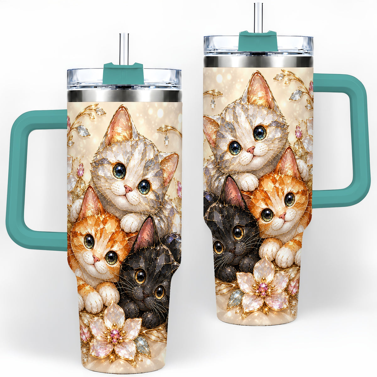 #pl[40oz|Green] Jeweled Cat Floral 40oz Tumbler with Three Cats and Flowers