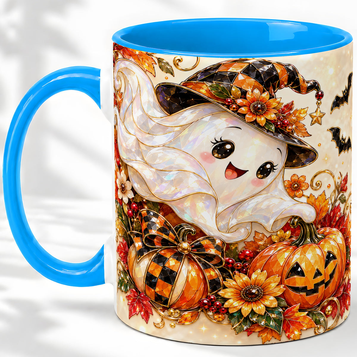 #pl[11oz|Blue] Cute Halloween Ghost Ceramic Mug, Witch Hat Pumpkin Artwork