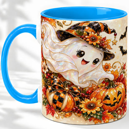 #pl[11oz|Blue] Cute Halloween Ghost Ceramic Mug, Witch Hat Pumpkin Artwork