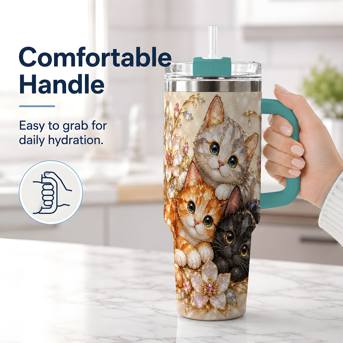 #pl[40oz|Green] Jeweled Cat Floral 40oz Tumbler with Three Cats and Flowers