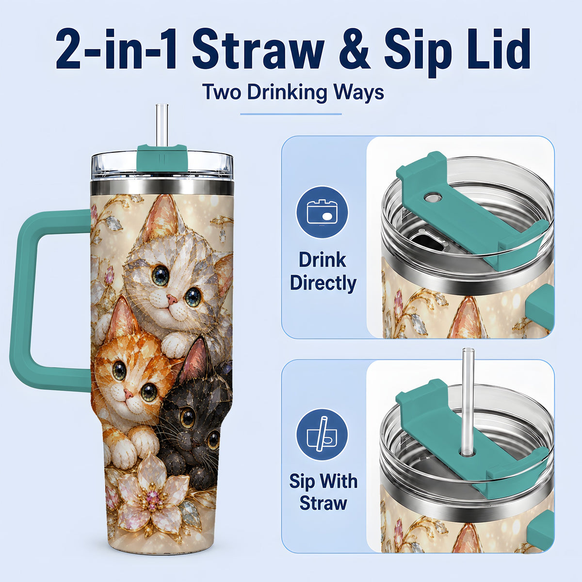 #pl[40oz|Green] Jeweled Cat Floral 40oz Tumbler with Three Cats and Flowers